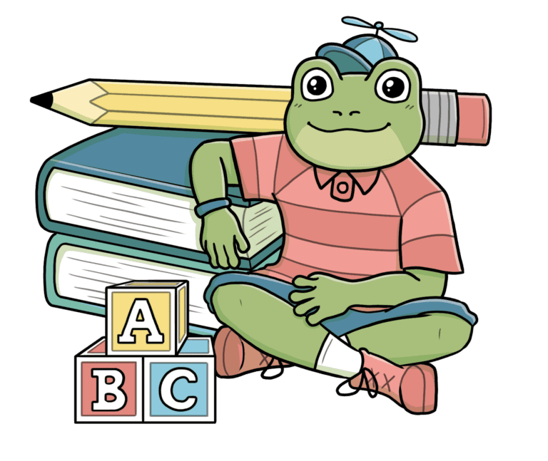 A student frog with books and pencil